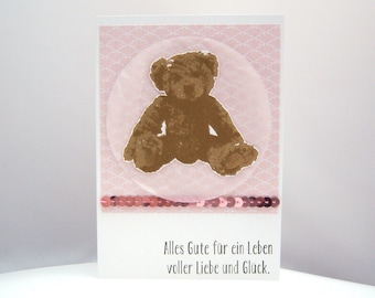 Birth Card -Teddy Birthday Card Pink Teddy Bear Sequin Strap Handmade