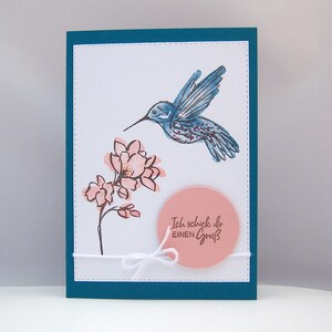 Grußkarte -Kolibri- Geburtstagskarte Blau Rosa schlicht handgemacht Blume