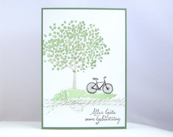 Karte zum Geburtstag -Baum und Fahrrad- grün Geburtstagskarte handgemacht Glückwunschkarte