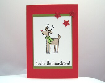 Christmas Card -Reindeer with Scarf Stars X-Mas Card for Christmas Red Handmade