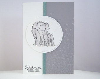 Card for birth or baptism -elephant- gray heart miracle baby handmade