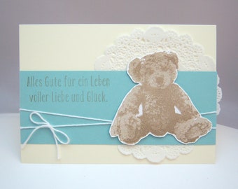 Karte zur Geburt -Teddybär- Babykarte Teddy blau creme handgemacht