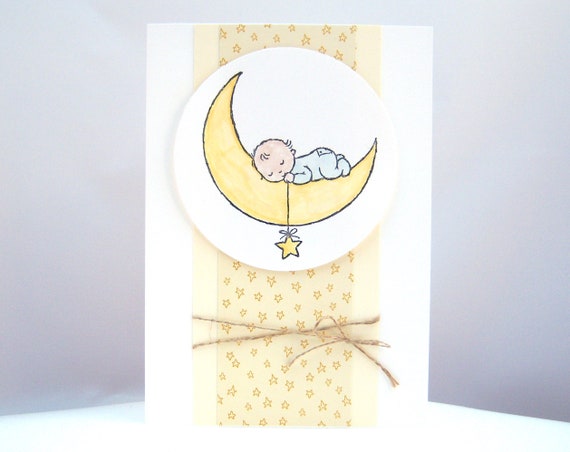 Karte Zur Geburt Baby Mond Sterne Gelb Geburtskarte Etsy