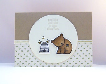 Birth or Baptism Card -Bear- Baby Card Birth Card Brown Cream Baby Bear Honey Bee Handmade