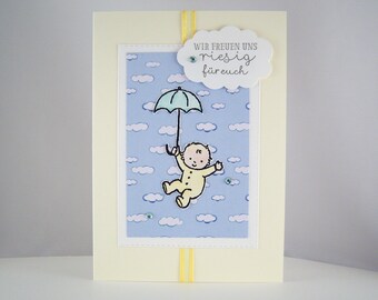 Birth Card -Baby with Umbrella- Clouds Yellow Birth Card Handmade