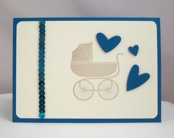 Card for birth -stroller, blue- hearts sequin ribbon baptism handmade