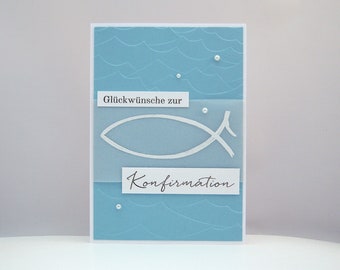 Karte zur Konfirmation -großer Fisch- Kommunion Wasser Wellen handgemacht