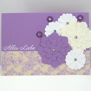 Karte zum Geburtstag -Alles Liebe- Blumen lila Geburtstagskarte handgemacht Glückwunschkarte Hochzeit