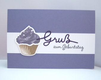 Karte zum Geburtstag -Cupcake Gruß- Geburtstagskarte lila schlicht Muffin handgemacht Glückwunschkarte