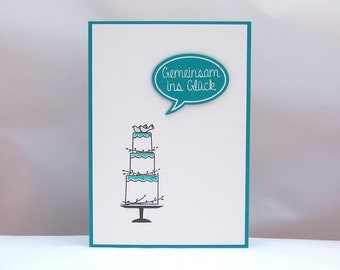 Card for the wedding -Together in the happiness cake- simply blue speech bubble wedding card handmade