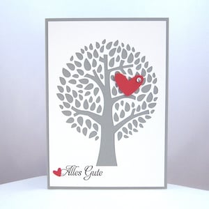 Karte zur Hochzeit Lebensbaum Baum Herz Hochzeitskarte schlicht grau weiß handgemacht Bild 1