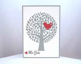 Karte zur Hochzeit  -Lebensbaum- Baum Herz Hochzeitskarte schlicht grau weiß handgemacht