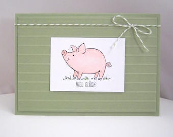 Greeting Card -Good Luck Pig- Lucky Pig Green Exam Handmade