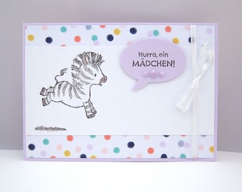 Karte zur Geburt -Zebra- Babykarte Geburtskarte rosa Baby handgemacht Mädchen