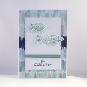 Karte zur Konfirmation -Fische- Kommunion Wasser Wellen handgemacht