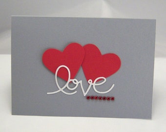 Karte zur Hochzeit -Love & Hearts- Herz grau rot schlicht Hochzeitskarte handgemacht