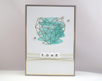 Wedding Card -Graphic Heart Card Blue Gold Love Love Handmade