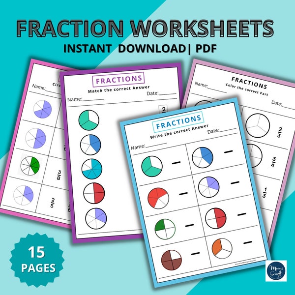 15 Printable Fraction Worksheets | Basic Fractions |  Fraction Math Activity Sheets for 1st, 2nd and 3rd Grade Classes