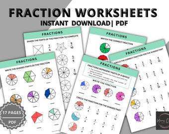 Afdrukbare werkbladen voor breuken | Basisbreuken | Breukwiskunde-activiteitenbladen voor klassen van het 1e, 2e en 3e leerjaar | Direct downloaden | Pdf