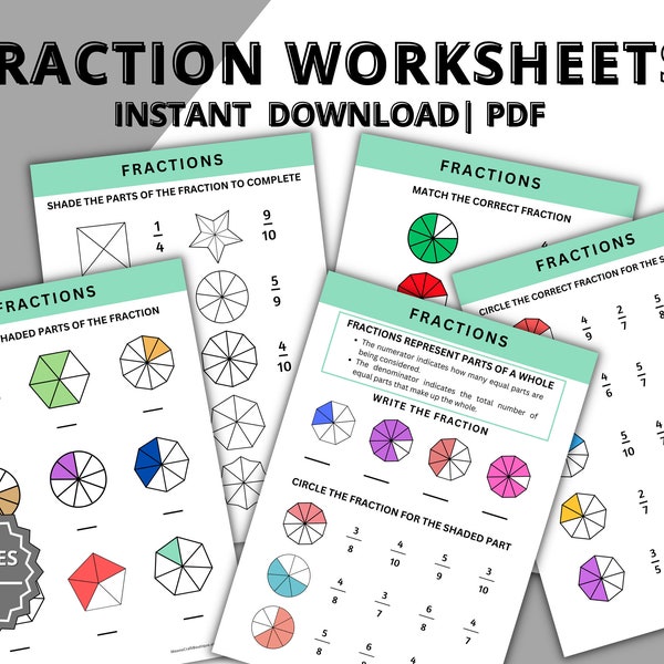 Printable Fraction Worksheets | Basic Fractions | Fraction Math Activity Sheets for 1st, 2nd and 3rd Grade Classes | Instant Downloads | PDF
