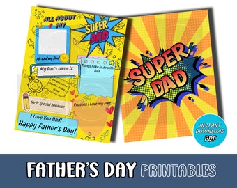 Father's Day Printables, All About My SUPER DAD, Instant Download, Fathers Day Activity, Dad questionnaire Gift from Kids, Fathers Day Gift.