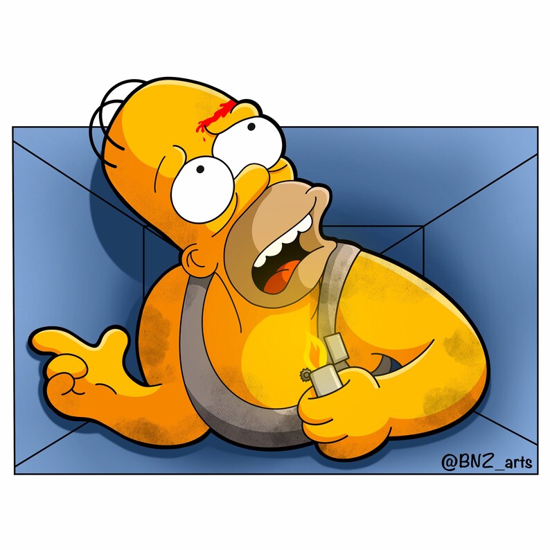 May include: A yellow cartoon character with a red mark on its forehead is trapped in a blue box. The character is holding a lighter in its right hand and has a surprised expression on its face. The character is wearing a brown strap across its chest. The image is captioned with "@BNZ_arts".
