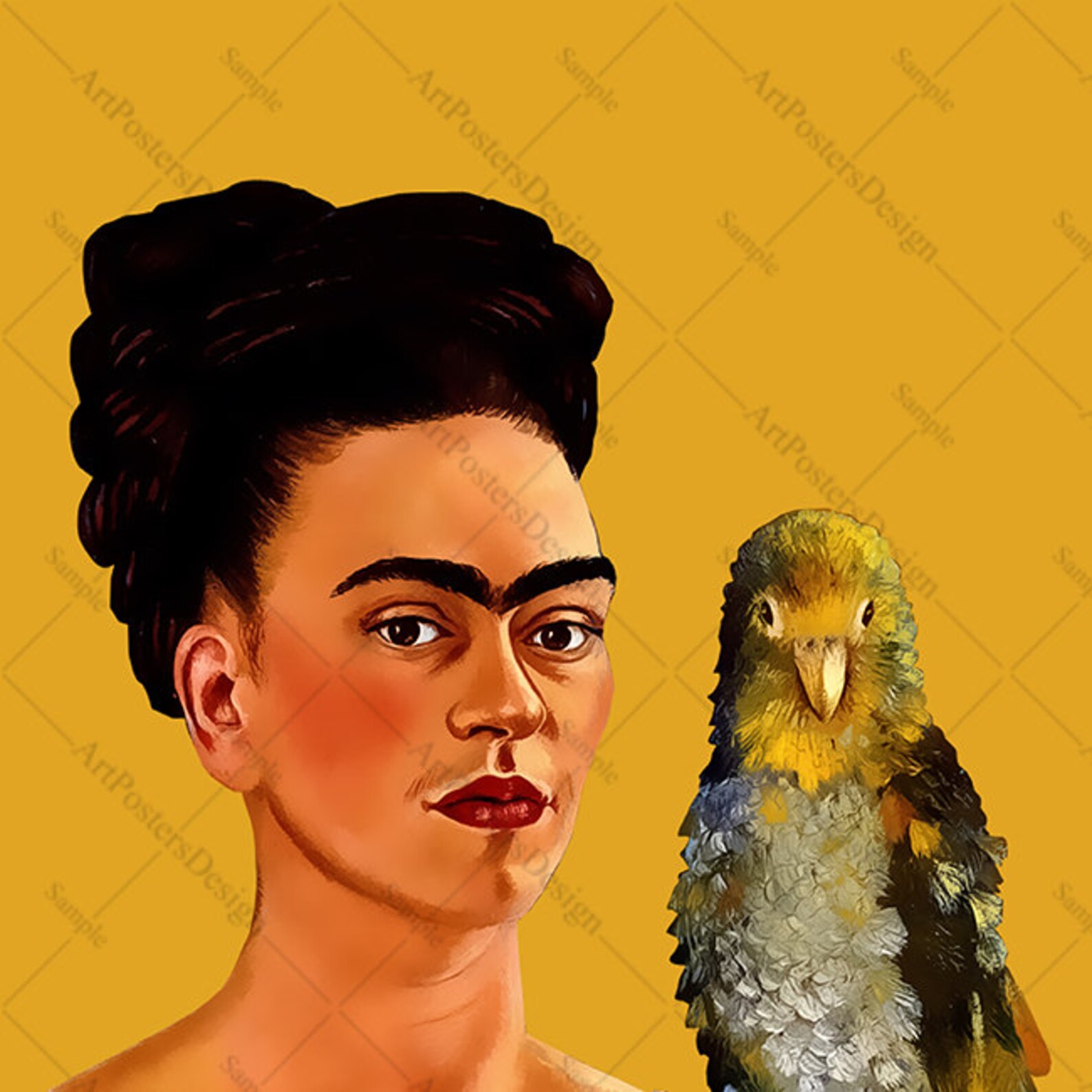 Frida Kahlo and Parrot Print on Fabric Color Yellow Light | Etsy