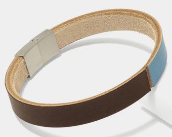 Men's Leather Bracelet, Brown/Light Blue – Handmade from genuine leather, magnetic clasp – Modern style & trendy design, Made in Germany