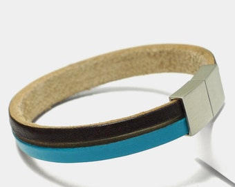 Handfärgat läderarmband för män – herrarmband i äkta läder, naturbrunt och ljusblått, modernt smalt läderarmband, present till män