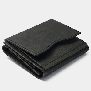 May include: A black leather trifold wallet with a minimalist design.