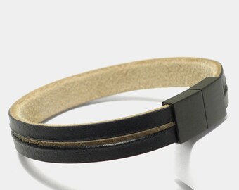 Men's Leather Bracelet, Black – Modern, Timeless Design – Black Leather Men's Bracelet – Stainless Steel Magnetic Clasp – Gift Idea for Him