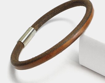 Leather bangle for men, hand-colored – smooth & suede leather – stainless steel magnetic clasp – simple, sporty design, gift for men
