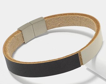 Two-tone leather bracelet with clean lines – striking designer men's bracelet made of genuine leather with stainless steel magnetic clasp, gift