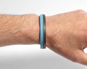 Hand-colored leather bracelet for men – genuine leather men's bracelet, natural brown and light blue, modern slim leather bracelet, gift for men