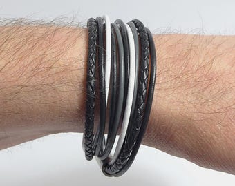 Men's Leather Wrap Bracelet Bicolor – Black, Grey, White or Brown, Natural White, Braided Men's Bracelet, Double Bracelet with Magnetic Clasp