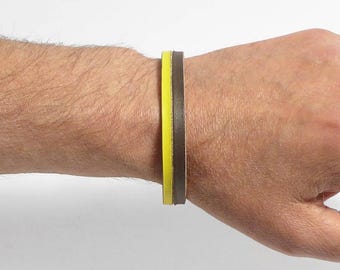 Men's Colored Leather Bracelet – Genuine Leather Men's Bracelet in Yellow & Brown – Slim Leather Bracelet, Modern Design – Gift for Men