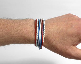 Leather wrap bracelet in red, blue & white – Braided genuine leather bracelet, designer leather bracelet for men and women – Gift idea