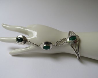 Vintage Armreifen mit Ring 925er Silber + Jade Handrückenschmuck Ring mit Armreifen Jade