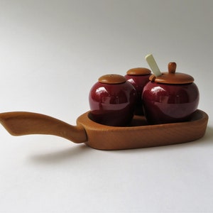 Vintage Jie Gantofta Sweden Menagerie Pepper, Salt Mustard Sweden Ceramic + Wood with Tray