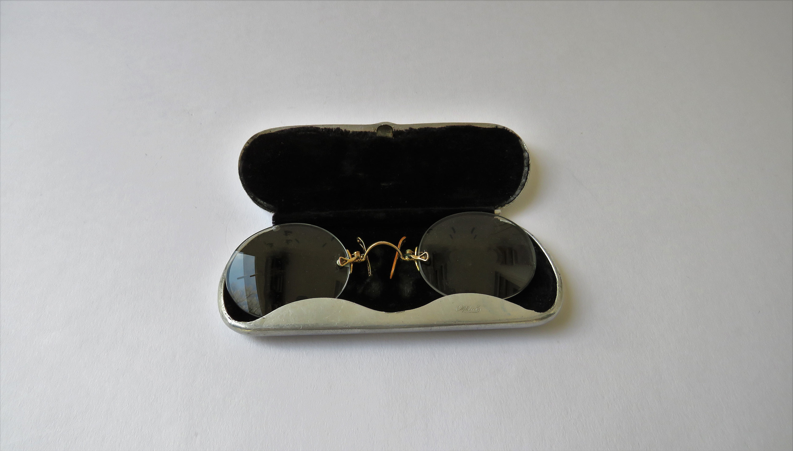 Antique nickel glasses + case aluminum reading glasses 20s/30s glasses case aluminum round glasses metal