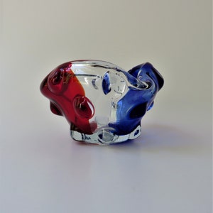 Peut inclure: Un bol en verre transparent avec des accents rouges et bleus. Le bol a une forme organique unique avec des bords arrondis et un centre transparent. La section rouge est à gauche, la bleue à droite, et le centre est clair.