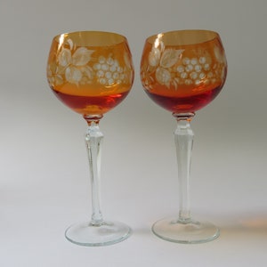 Vintage set of 2 wine Roemer Lausitzer GDR glasses amber colored 70s crystal glass wine glasses lead crystal
