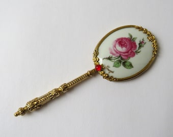 Miroir à main vintage LIMOGES porcelaine rose + métal