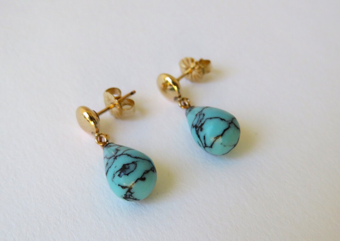 Boucles D'oreilles Longues Turquoise Plaqué Or - Vintage, Style Couture