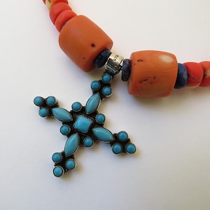 Vintage coral necklace + 925 cross pendant with turquoise 60s/70s Indian jewelry coral turquoise lapis lazuli
