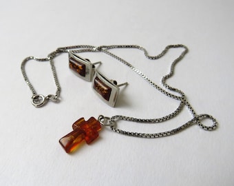 Vintage Amber Schmuckset Ohrstecker 925er Silber + Bernstein Ohrstecker + Kreuz 925er Silber Kette