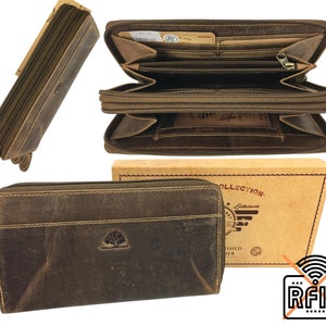Damen Geldbörse Vintage Leder Doppel-Reißverschluss RFID-Schutz braun