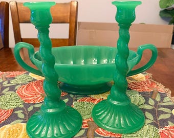 Northwood Jade Green Console Set – #724 Two-Handled Bowl & #725 Twisted Candlesticks, 1920s Glass
