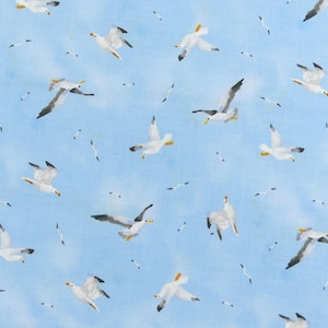 Puede incluir: Un fondo azul con un patrón de gaviotas blancas volando en diferentes direcciones. Las gaviotas están todas mirando en la misma dirección y están en varias posiciones.