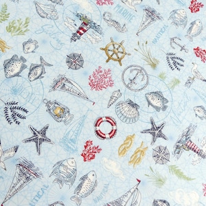 High Tide maritime sailboat anchor fish shell beach - by Makower DIY patchwork fabric cotton fabric